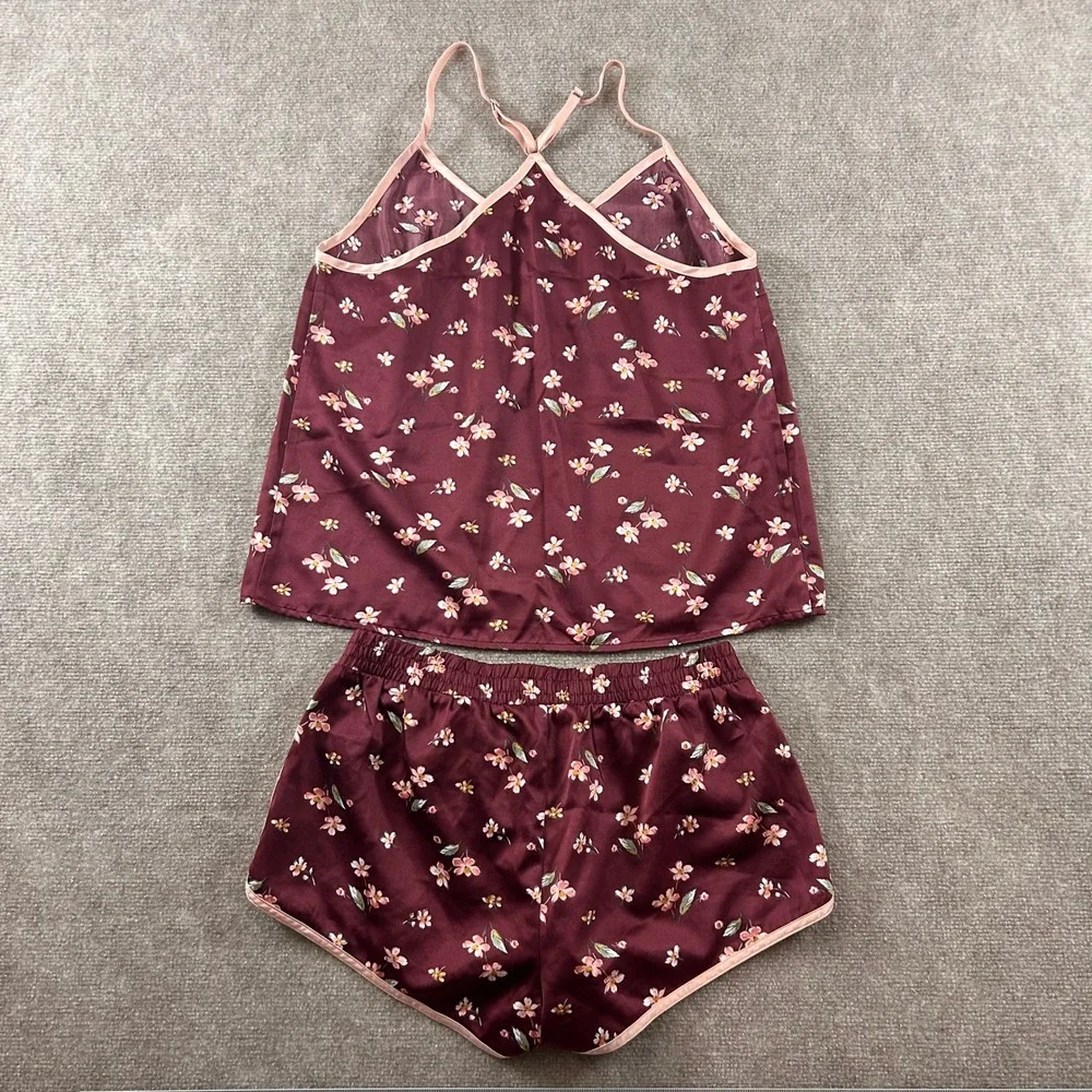 Abercrombie & Fitch Pajamas Womens S/M Burgundy Floral Satin‎ Cami Shorts Set